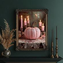1pc Canvas Wall Art Print With Frame, Sweet & Cool Girl Style Pink Lace Pumpkin And Glowing Pink Candle Vintage Still Life Oil Painting, Soft Atmosphere Autumn Halloween Aesthetic Wall Poster For Modern Home Decor And Room Decoration - Pink Pumpkin - View 10