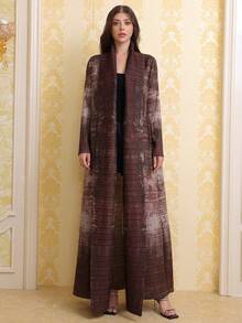 Middle Eastern Brown Printed Pleated Robe, Dubai-Style Elegant Plus-Size Coat, Arabian Women's Cardigan, Kafta (Exclusive Style). Z502 Vacation Fall - Brown - View 2