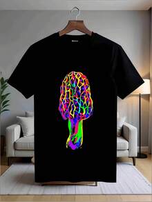 Camiseta unisex, diseño de hongo moréll colorido, adecuada para uso casual unisex, cuello redondo, manga corta para exteriores, para hombres, blusas para mujeres, camisas de mujer, blusa, ca - Negro - Ver 1