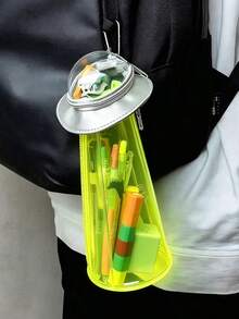 Estuche de almacenamiento con forma de OVNI creativo con decoración de alienígena verde transparente, caja de papelería de escritorio multiusos & accesorio para mochila, ganchos no incluidos - Amarillo - Ver 2