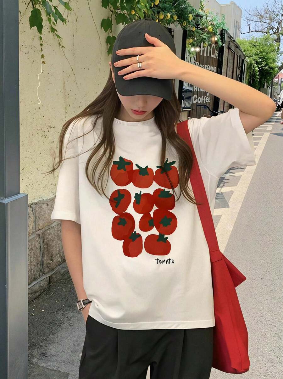 女士宽松休闲圆领卡通番茄水果印花短袖T恤,白色,春夏款 - 白色 - 查看 1