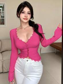 Long-Sleeved Button-Down Shirt With Contrasting Solid-Color Lace Trim For Going Out, For Women On Valentine's Day - Red - View 1