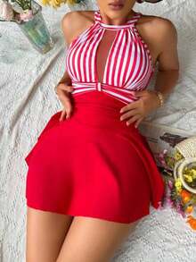 jianchaimaoyi02 Swim Lushoire Vestido de playa sin mangas con tirantes, de estilo de patchwork a rayas y de unicolor, adecuado para vacaciones de ver - Rojo y blanco - Ver 1