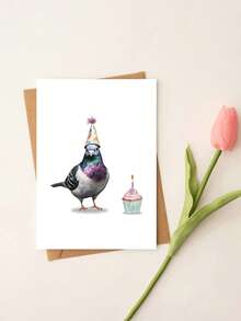 1pc "Party Pigeon" Funny Pigeon Birthday Card With Envelope – Watercolor Bird Lover Design – Humorous Joke Greeting For Bird Lovers – Blank Inside - View 3