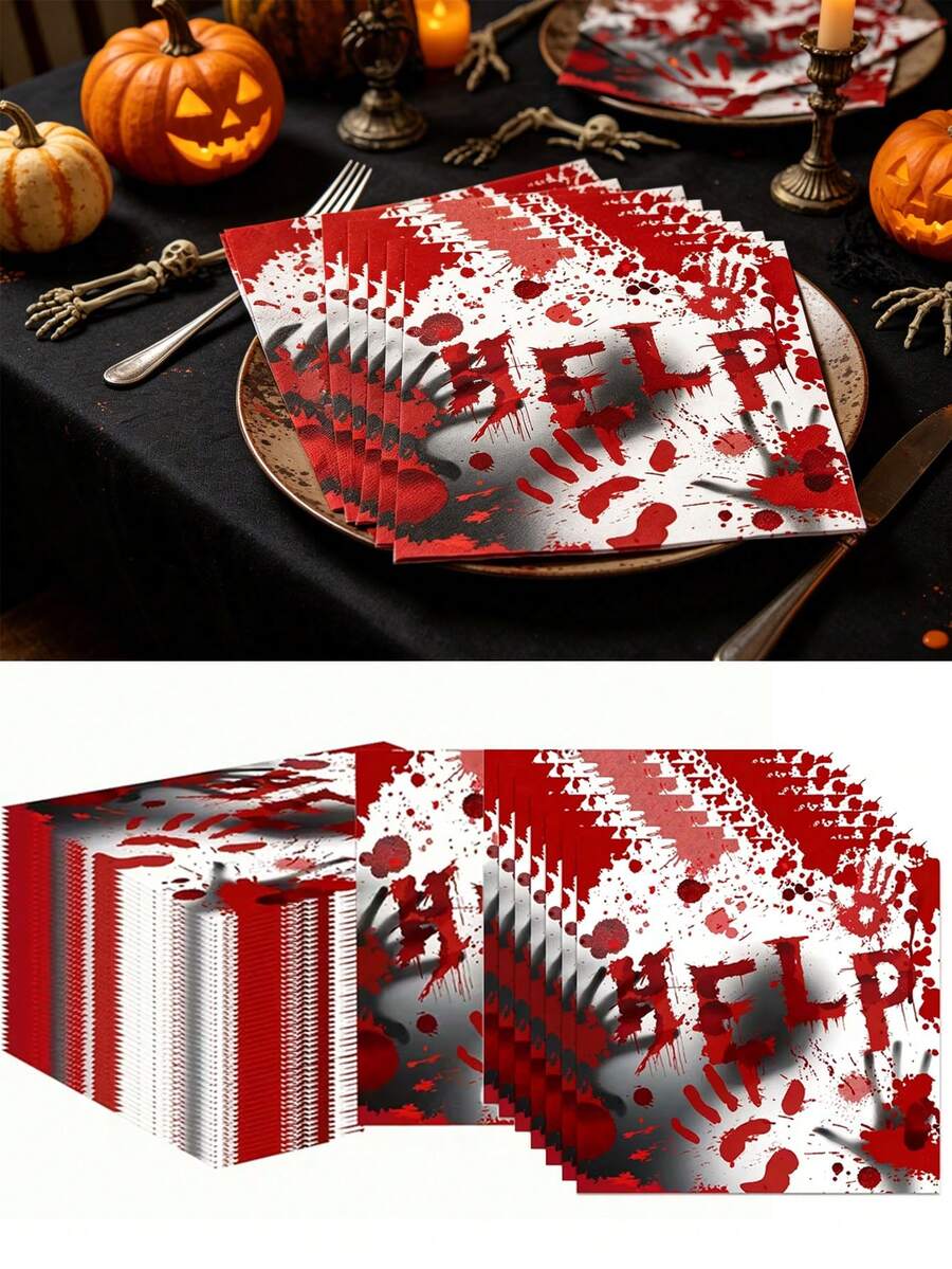 40pcs Halloween "HELP" Bloody Handprint Disposable Napkins, Disposable Paper Napkins With Bloody Handprints And Footprints, Halloween Horror Atmosphere Table Decor Suitable For Party Decoration, Halloween Decoration, Table Decoration, Halloween Christmas, New Year Decoration - Multicolor - View 1
