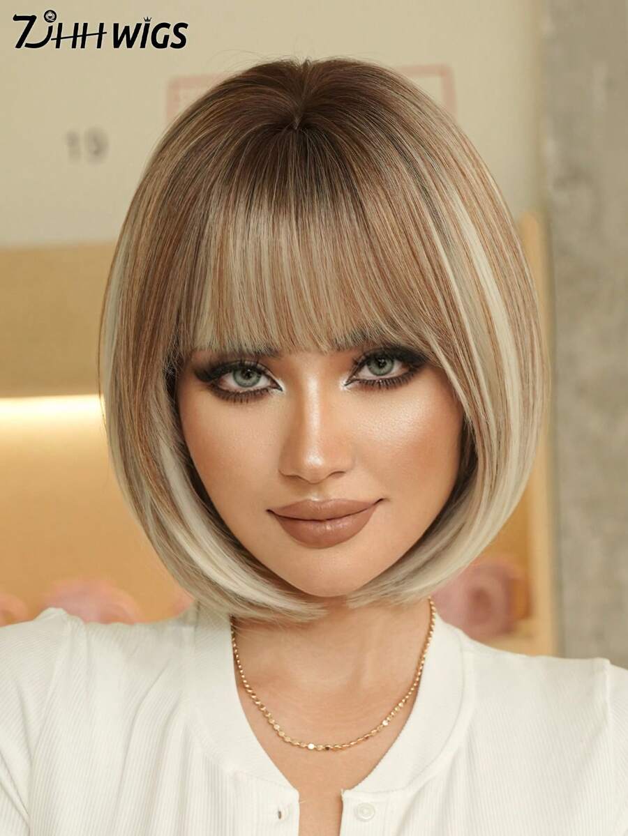 7JHH WIGS Linen Blonde Short Bob Wig With Bangs For Women 12 Inch Straight Synthetic Wig, Glueless Heat-Resistant Fiber, Realistic Lightweight Daily Party Wear