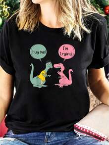 Tops For Women Teen Girl Tops Women's T-Shirts Dinosaur-Couple Hug Me, I'm Trying, Funny For Girls And Boys, Graphic Tees Jpg, Crop Tops For Women, Clothing Of Or - 黑色 - 查看 1