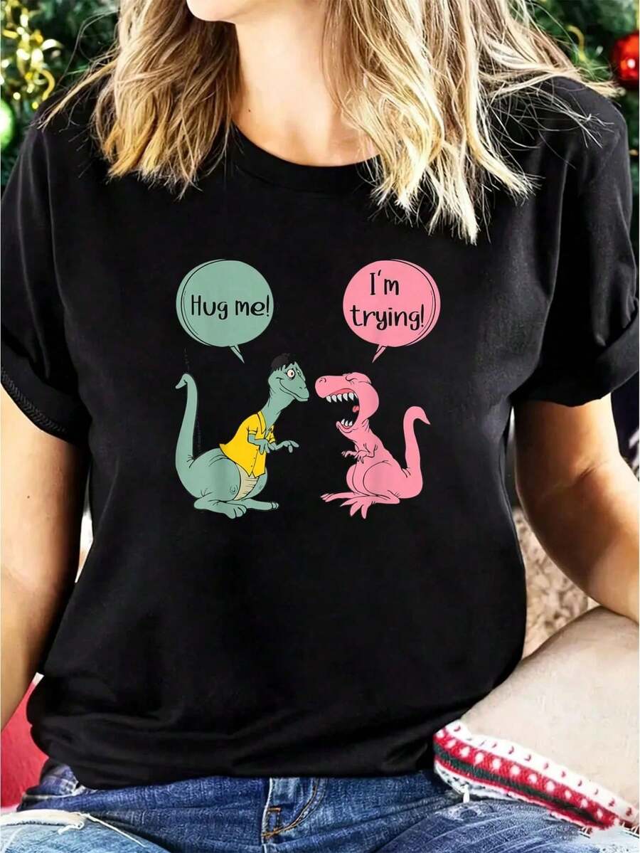 Tops For Women Teen Girl Tops Women's T-Shirts Dinosaur-Couple Hug Me, I'm Trying, Funny For Girls And Boys, Graphic Tees Jpg, Crop Tops For Women, Clothing Of Or - 黑色 - 查看 1
