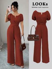 Elegant Women's Wide-Leg Jumpsuit With Round Neck, Long Sleeves, Twisted Waist And Wooden Bead Decoration In Khaki For Everyday Wear - 紅木色 - 查看 1