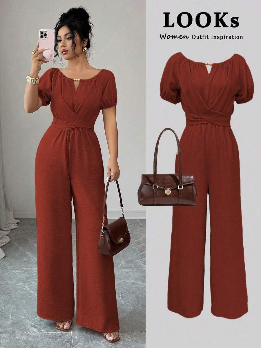 Elegant Women's Wide-Leg Jumpsuit With Round Neck, Long Sleeves, Twisted Waist And Wooden Bead Decoration In Khaki For Everyday Wear - 紅木色 - 查看 1