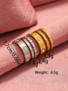 Set de 3 anillos de acero inoxidable con circonita cúbica en color dorado/plateado con diseño de trébol, adecuados para uso diario, citas, vacaciones y apilar - Dorado - Ver 6
