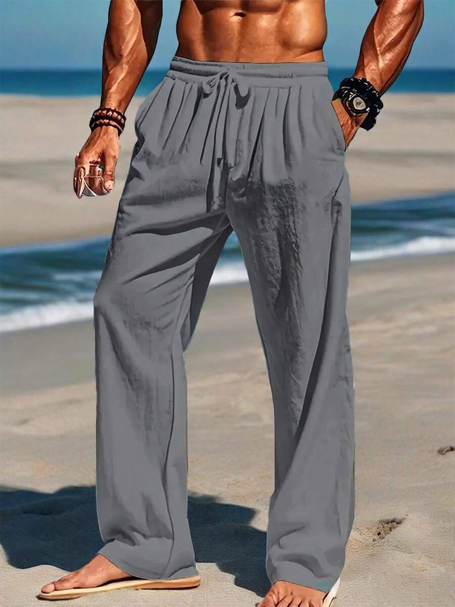 1 Unidad Pantalones Hombre Texturizados Color Sólido Corte Holgado, Ligeros Transpirables Multiestación, Ideal Uso Diario, Playa, Running y Golf Estilo Vacacional - Gris Oscuro - Ver 1