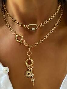 2 Buah Kalung Liontin Salib Petir Mata Setan Berlian dengan Gesper Ganda Emas, Set Kalung, Gaya Unik dan Mewah, Untuk Pesta Sehari-hari Wanita - Yellow Gold - View 1