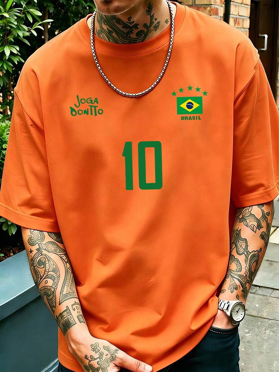 Herren Grafik T-Shirt, Retro Brasilien Fußballtrikot - Legendäre Nummer 10, lässig Fußballshirt, atmungsaktives Strickgewebe, Regular Fit Rundhals Design