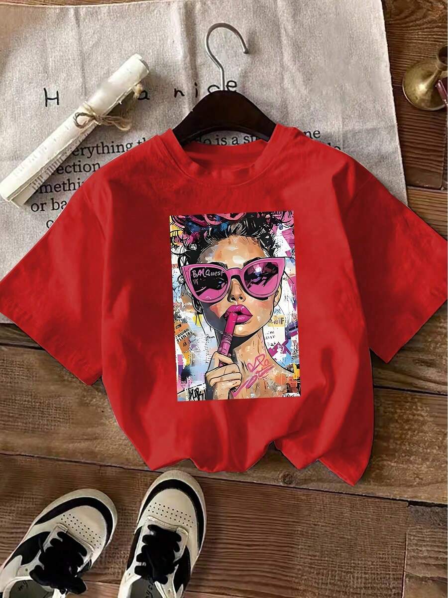 Unisex Size. 1 Pack. Short-Sleeved T-Shirt With Round Neck, 100% Cotton, Printed, Lightweight And Breathable Fabric, Casual Fashion Style, Suitable For Daily Life, Casual Outings And Dates. - 紅色 - 查看 1