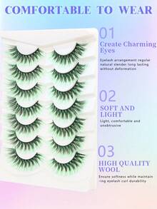 7 Pairs Green Cotton Thread Black Stem Dense Fish Tail Style False Eyelashes, Suitable For Festivals, Parties, Gatherings And Other Holiday Occasions, 20mm - 彩色 - 查看 2