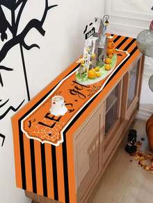 1/100pcs 35*180cm Halloween Orange & Black Theme Table Runner, Cute Spider Ghost Cat Bat Theme Tablecloth Halloween Desktop Decoration, Halloween Theme Party, Kitchen And Home Decor, Indoor And Outdoor Use, Holiday Table Decoration, Halloween Party Supplies. - Multicolor - View 2