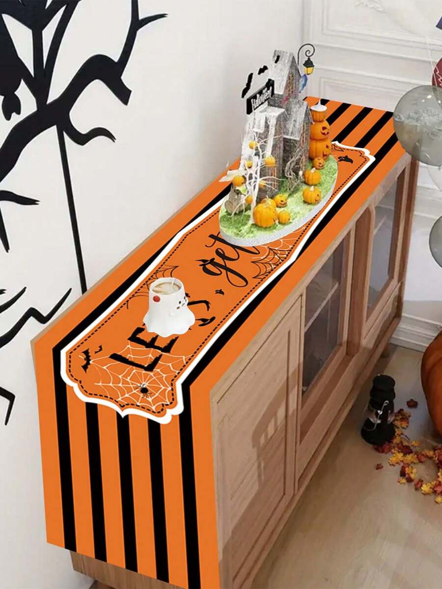 1/100pcs 35*180cm Halloween Orange & Black Theme Table Runner, Cute Spider Ghost Cat Bat Theme Tablecloth Halloween Desktop Decoration, Halloween Theme Party, Kitchen And Home Decor, Indoor And Outdoor Use, Holiday Table Decoration, Halloween Party Supplies.