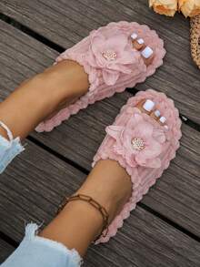 Women's Rabbit Fur Butterfly Flower Design Loose Fit Open Toe Slippers, Comfortable Solid Color Plush House Shoes For Bedroom And Floor - Pink - View 4