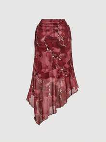 MOD Falda de estilo vacacional con cintura con cordón, plisada y con estampado floral elegante y retro - Burdeos - View 2