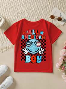 Fashionable Short-Sleeved T-Shirt For Boys 'American Independence Day' 'ALL AMERICA BOY' With Plaid Elements And Double-Sided Cartoon Print, Casual Outdoor Top - 紅色 - 查看 3