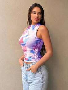Sleeveless Top With Floral Print And Asymmetrical Neckline, A Casual And Versatile Garment - 紫玫紅藍漸變 - 查看 3