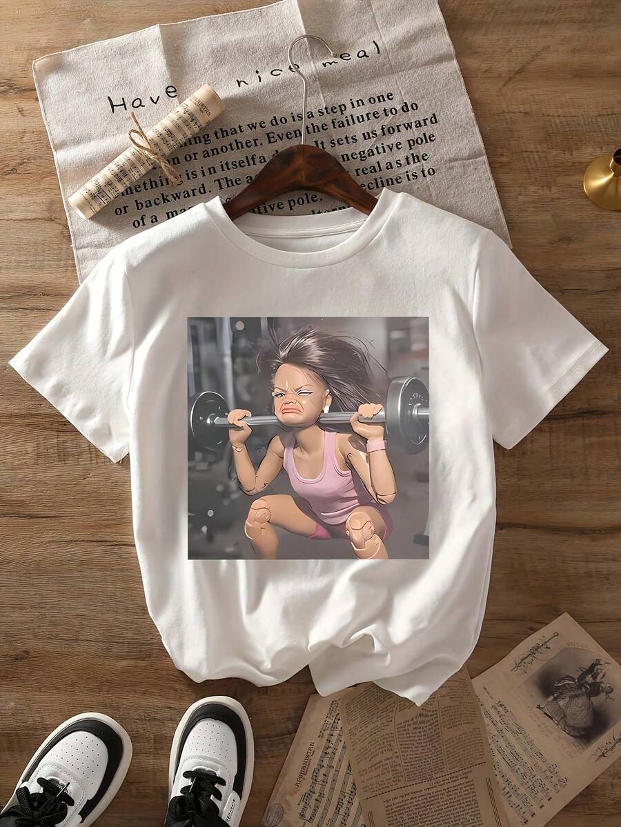 TYJDHGBVN Weightlifting Doll Graphic Print T-Shirt, Summer And Spring Short-Sleeved Crew Neck Casual Top, Women's Clothingrobe Femme été - White - View 1