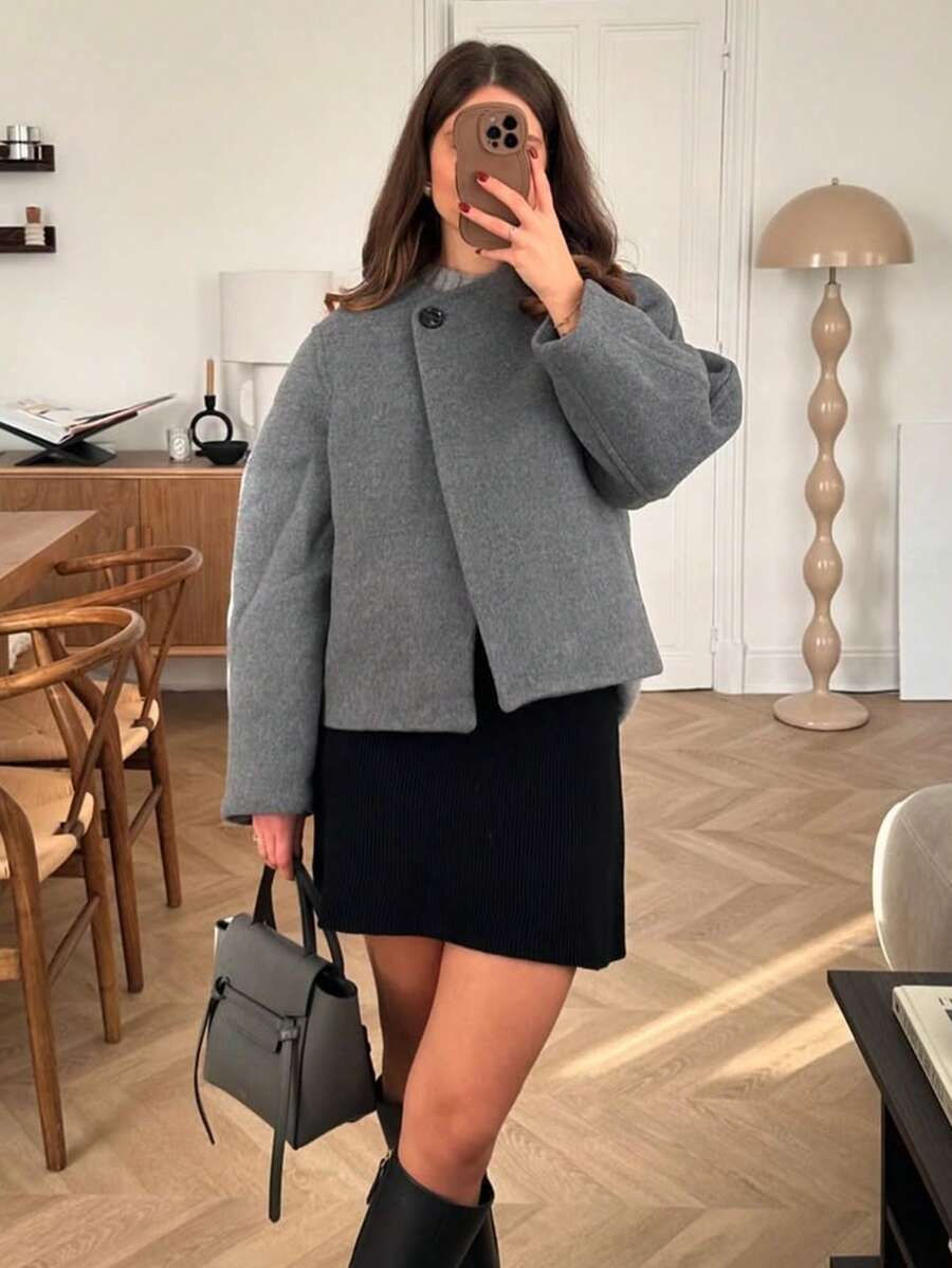 Women's Basic Minimalist Commute Daily Date Vintage Inspired Loose Fit Crew Neck Long Sleeve Short Jacket, Autumn/Winter Fall - Grey - View 1