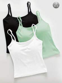 3-Piece Women's Plain Ribbed T-Shirt With Padded Bra, Casual Fitted Crop Top For Working Out - Unta - View 1