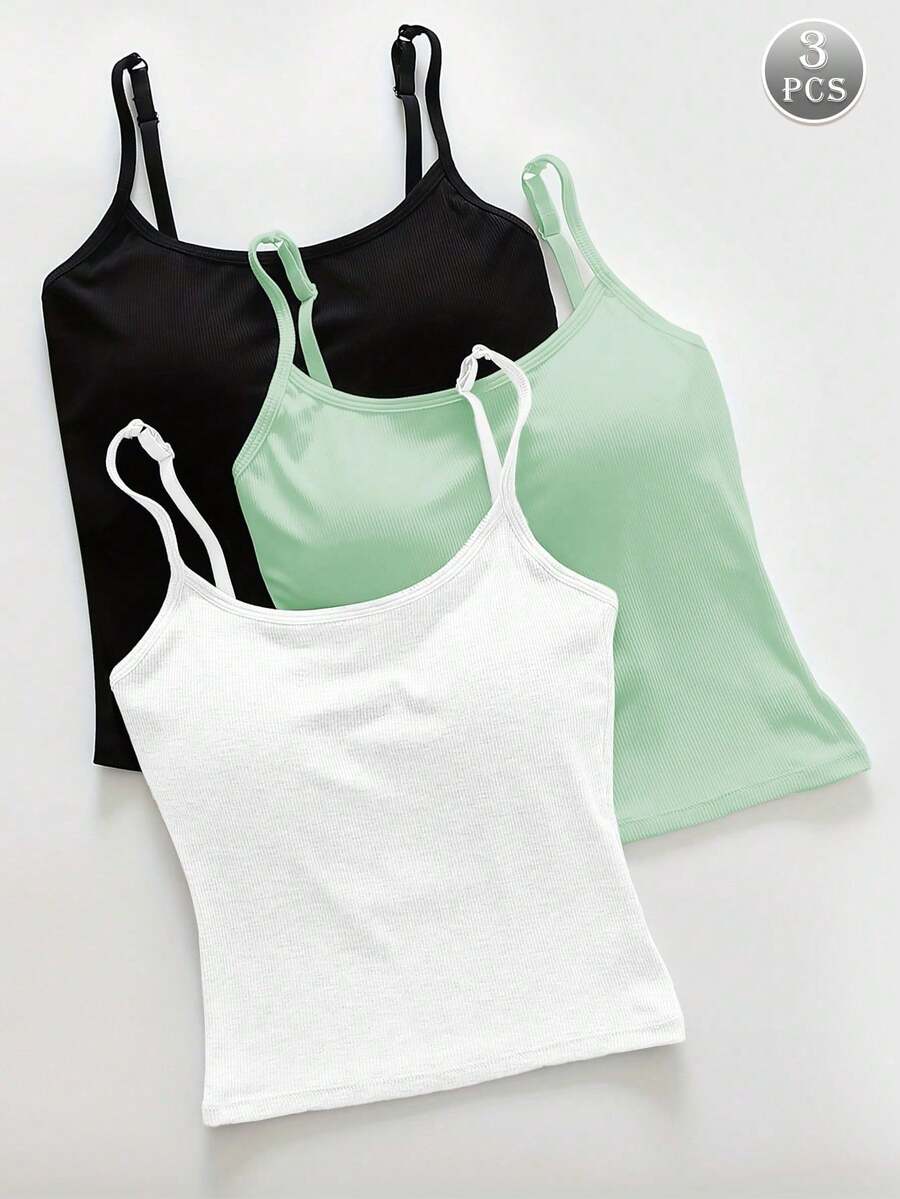 3-Piece Women's Plain Ribbed T-Shirt With Padded Bra, Casual Fitted Crop Top For Working Out - Unta - View 1