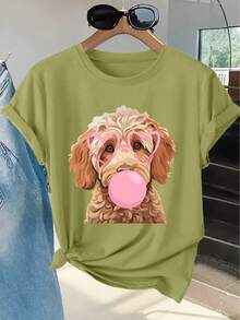Women's Short-Sleeved T-Shirt With A Fun "Bubblegum" Poodle Print, Round Neck, Machine Washable, Skin-Friendly, Soft, Breathable, Suitable For Spring. - Army Green - View 1