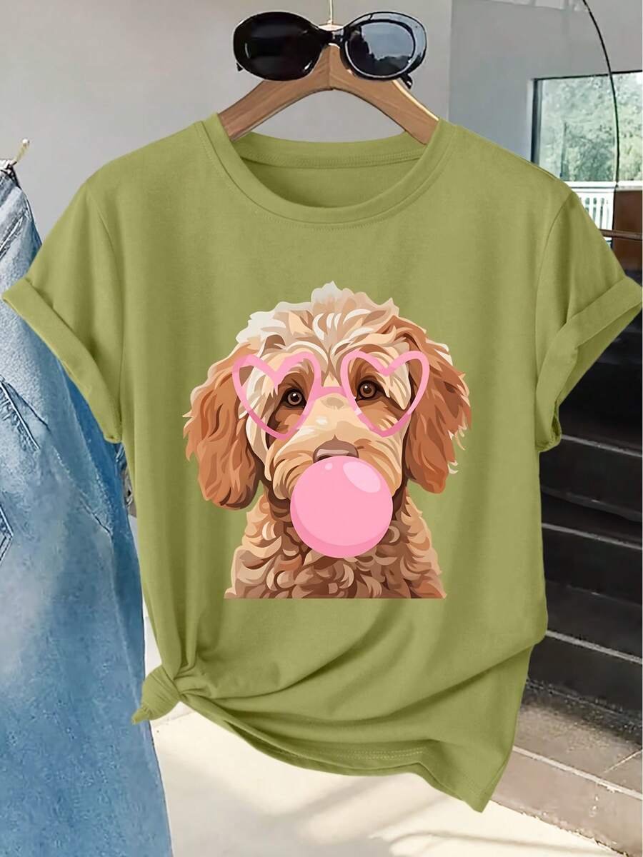 Women's Short-Sleeved T-Shirt With A Fun "Bubblegum" Poodle Print, Round Neck, Machine Washable, Skin-Friendly, Soft, Breathable, Suitable For Spring. - Army Green - View 1