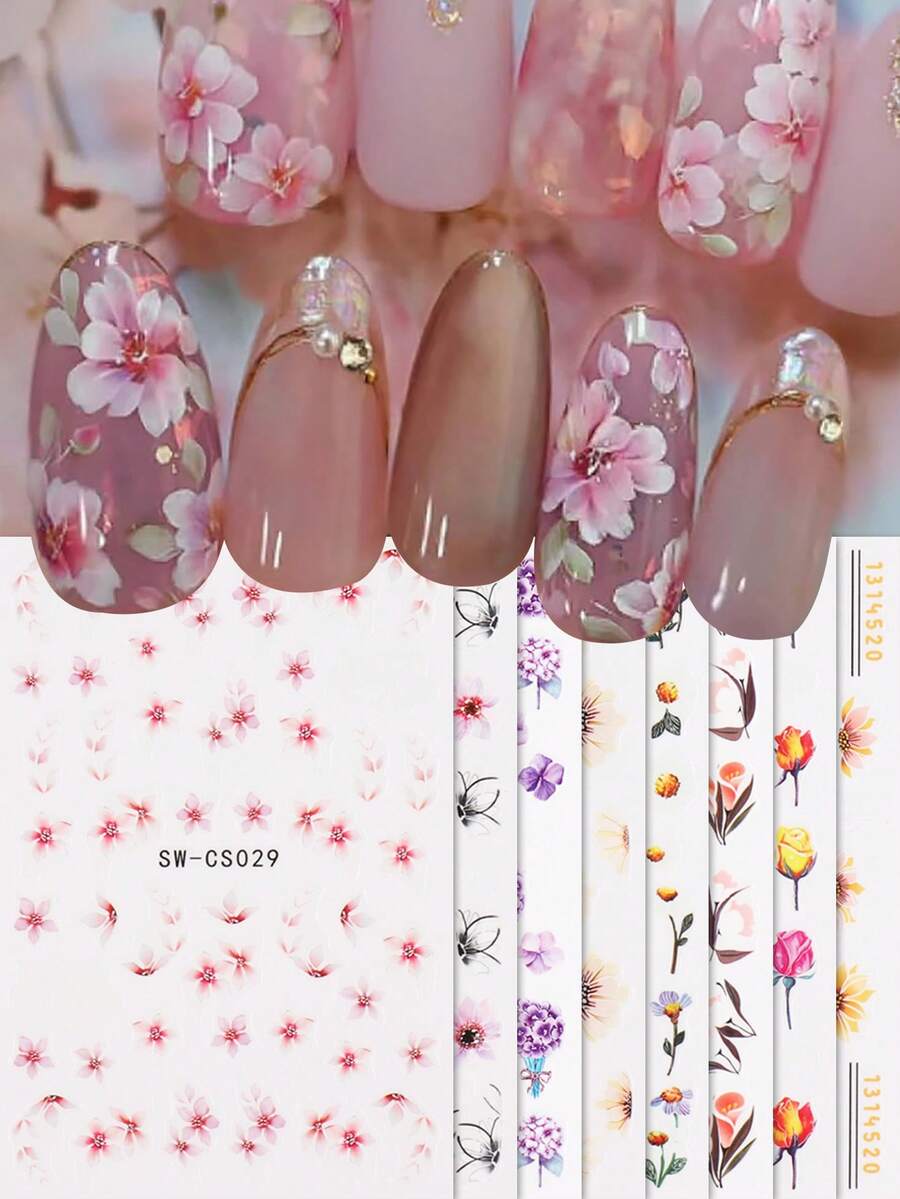 6 Sheets 3D Flower Nail StickersWatercolor Rose Daisy Lavender Line Floral Random Mixed Designs Nail Decals Self-Adhesive Decals For Wedding Vacation & Daily DIY Manicure Nail Decoration - Multicolor - View 1