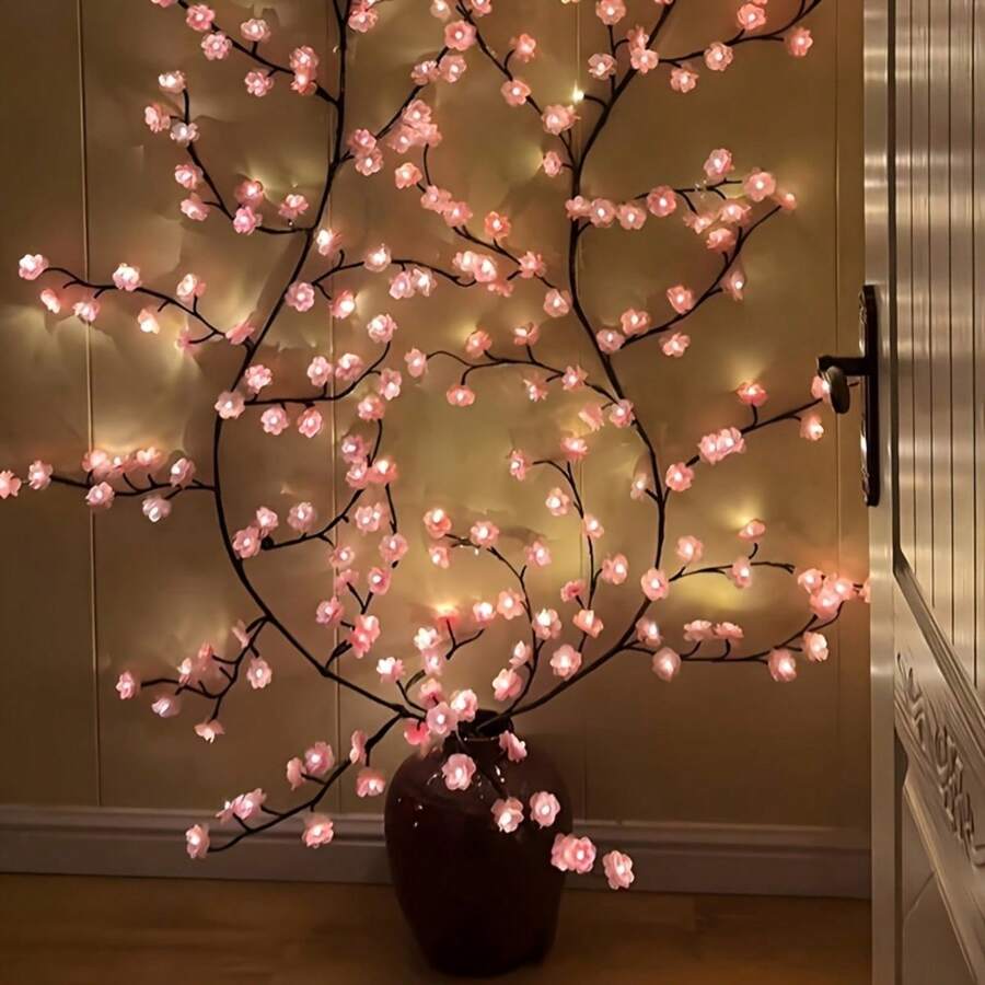 Cherry Blossom Wreath With Lights, USB Powered, With Remote Control, 72 LED Fairy Lights, Perfect For Fireplace, Wedding And Party Indoor Decoration