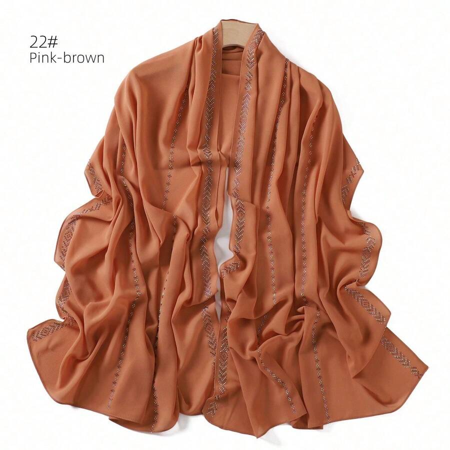 1 Piece Solid Color Rhinestone Chiffon Hijab, Elegant Faux Rhinestone Headscarf, Sunscreen Shawl For Women, Ideal For Dresses. - 紅木色 - 查看 1