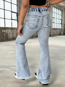 Girls' Vintage Washed Denim Jeans, Fashion Distressed Flare Leg Design, Streetwear, Campus, College Style - Blue - View 2