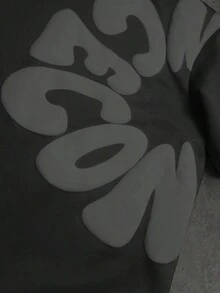 Conjunto de Camiseta de Manga Curta com Gola Redonda e Estampa de Letra e Shorts com Cordão na Cintura Casual Masculino, Conjunto de Shorts Hip Hop Preto e Branco Masculino - Preto / Preto - Visão 4