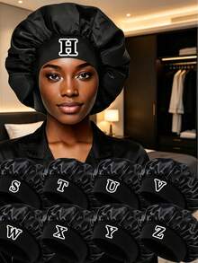 Silky Black Customized Initial Satin Sleep Cap, Elastic Wide Brim Hair Protection Cap, Soft Smooth Night Cap, Reduces Curly Hair Breakage - Black Letters - View 8