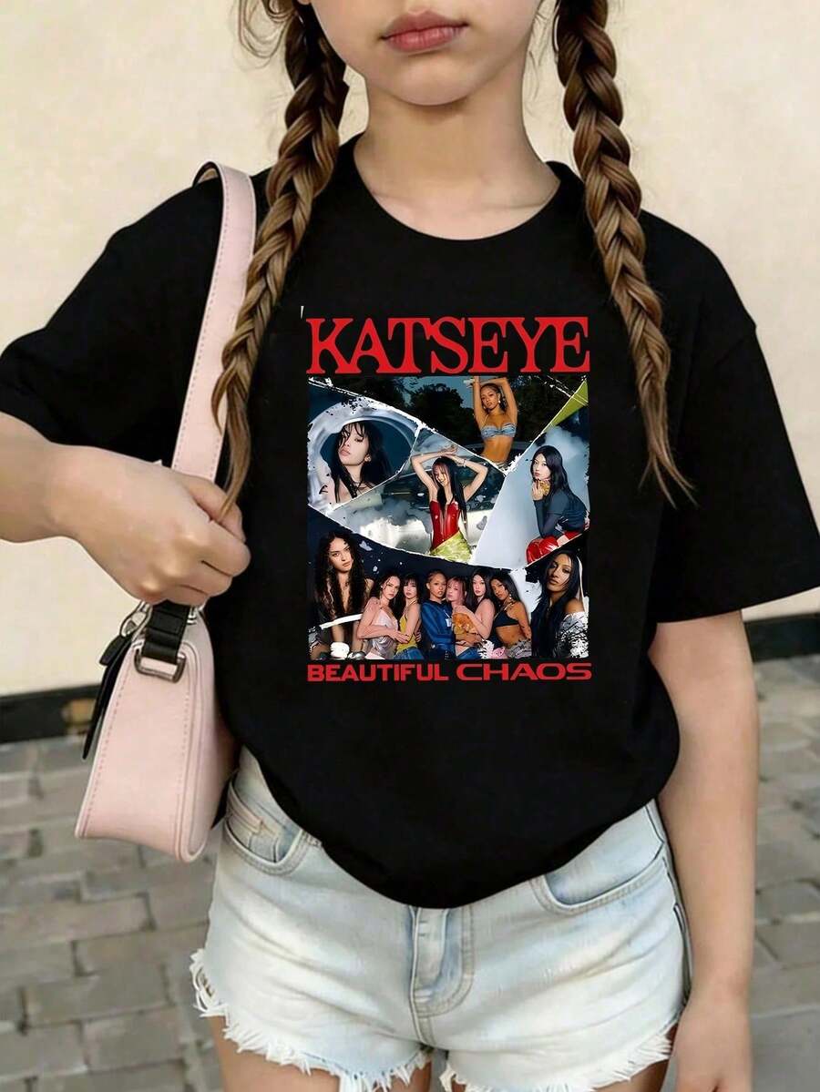 KATSEYE Printed Summer T-Shirts, Vintage Y2K Hip Hop Style, Short Sleeve T-Shirt, Summer Clothes For Girls, Toddler Girls' Clothes, Teen Clothes, Kids' Clothes - 西瓜粉 - 查看 1