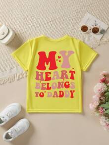 Camiseta de manga corta para el Día del Padre 'Summer Fashion Girls' con estampado de corazón y la frase 'DADDY'S LITTLE LOVE MY HEART BELONGS TO DADDY' y otros patrones de dibujos animados - Burdeos - Ver 3