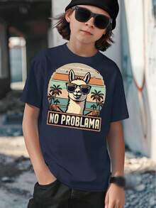 Boys' T-Shirt, Casual And Modern, Summer Fashion With Alpaca Print, Sunglasses And Palm Trees In Retro Sunset Style, For Children Aged 5 To 13 Years, No Problematic Prints, Gift - 寶藍色 - 查看 10