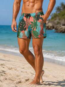 Men's Leaf Patterned Pocketed Mesh Colorful Swim Shorts - Multicolor - View 2