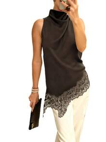 Women's Sleeveless Blouse With Wrap Neck, Black Satin With Asymmetrical Lace Edge Detail, Elegant Top For Office And Formal Outings - 棕色 - 查看 1