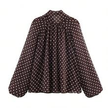 Women's Long-Sleeved Shirt With High Neck And Moon Print, Simple Casual Blouse, Fashionable Blouse For Working Women. - 乳白色 - 查看 3