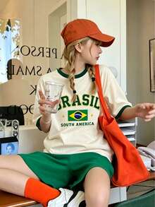Mädchen Farbblock-Besatz Brasilien-Muster T-Shirt, atmungsaktives Kurzarm Lässig Weltmeisterschaft Fan Top - Aprikosenfarben - Übersicht 6