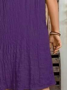 Große Größen V-Ausschnitt einfarbiges modisches vintage luftiges Kurzarm Kleid (Brustumfang) elegant für den Sommer - Violett - Übersicht 4