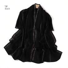 1 Piece Solid Color Rhinestone Chiffon Hijab, Elegant Faux Rhinestone Headscarf, Sunscreen Shawl For Women, Ideal For Dresses. - 黑色 - 查看 1