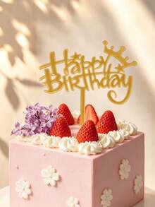 3pcs Gold Mirror Acrylic Happy Birthday Cake Topper With Crown Star Swirl Detail, Bold Graffiti Font With Stick, Sturdy Mirror PMMA For Kids & Teens Birthday Cake Decoration - C - View 1
