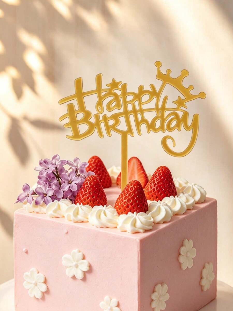 3pcs Gold Mirror Acrylic Happy Birthday Cake Topper With Crown Star Swirl Detail, Bold Graffiti Font With Stick, Sturdy Mirror PMMA For Kids & Teens Birthday Cake Decoration - C - View 1