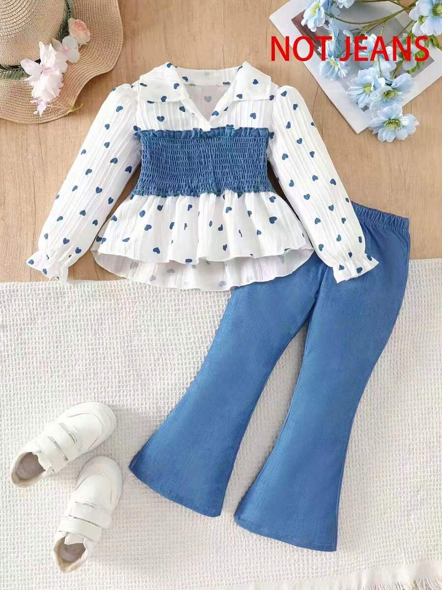 Galaxy Graffiti Autumn Fashion Outfit 4-7 Years Old Girls Set Spring Autumn New Sweet Heart Print Color Block Pleated Waist Long Sleeve Top & Flared Leg Pants Fashionable Stylish Suit Suitable For Daily Casual Weekend Outings Spring Autumn Season Matching - Blue - View 1